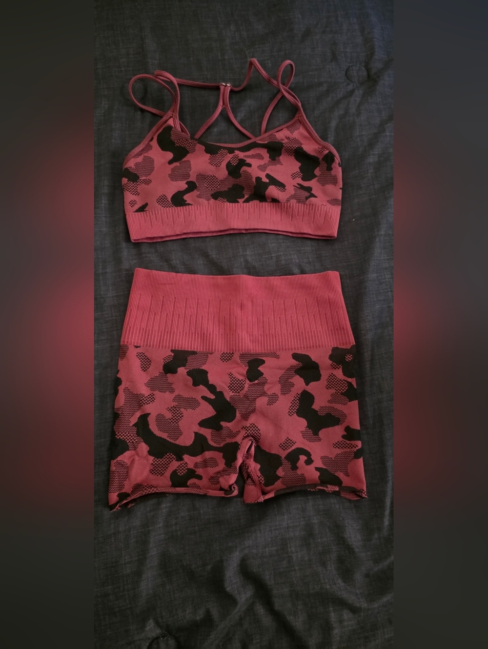 Red Camo Seamless Medium Sports Bra And Small Shorts